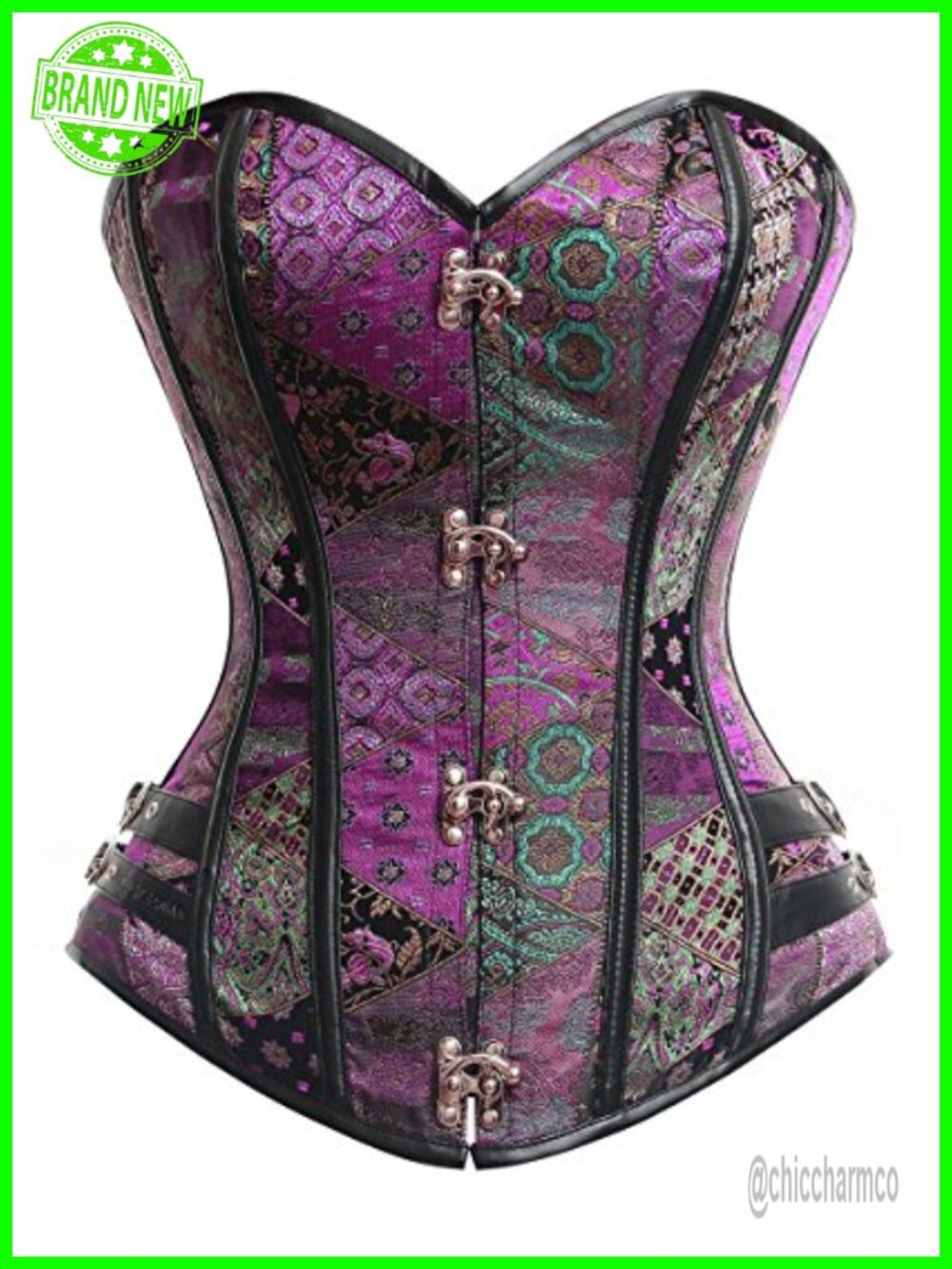 Steampunk Overbust Corset Top Brocade Steel Bone Buckle Clasp Lace Up